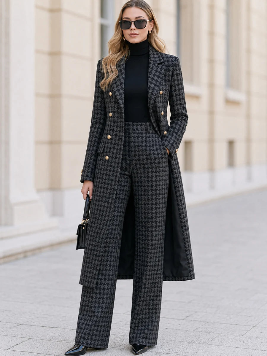 Women's Houndstooth Long Coat and Wide-Leg Trouser Set in Gray – product view | Hensley London