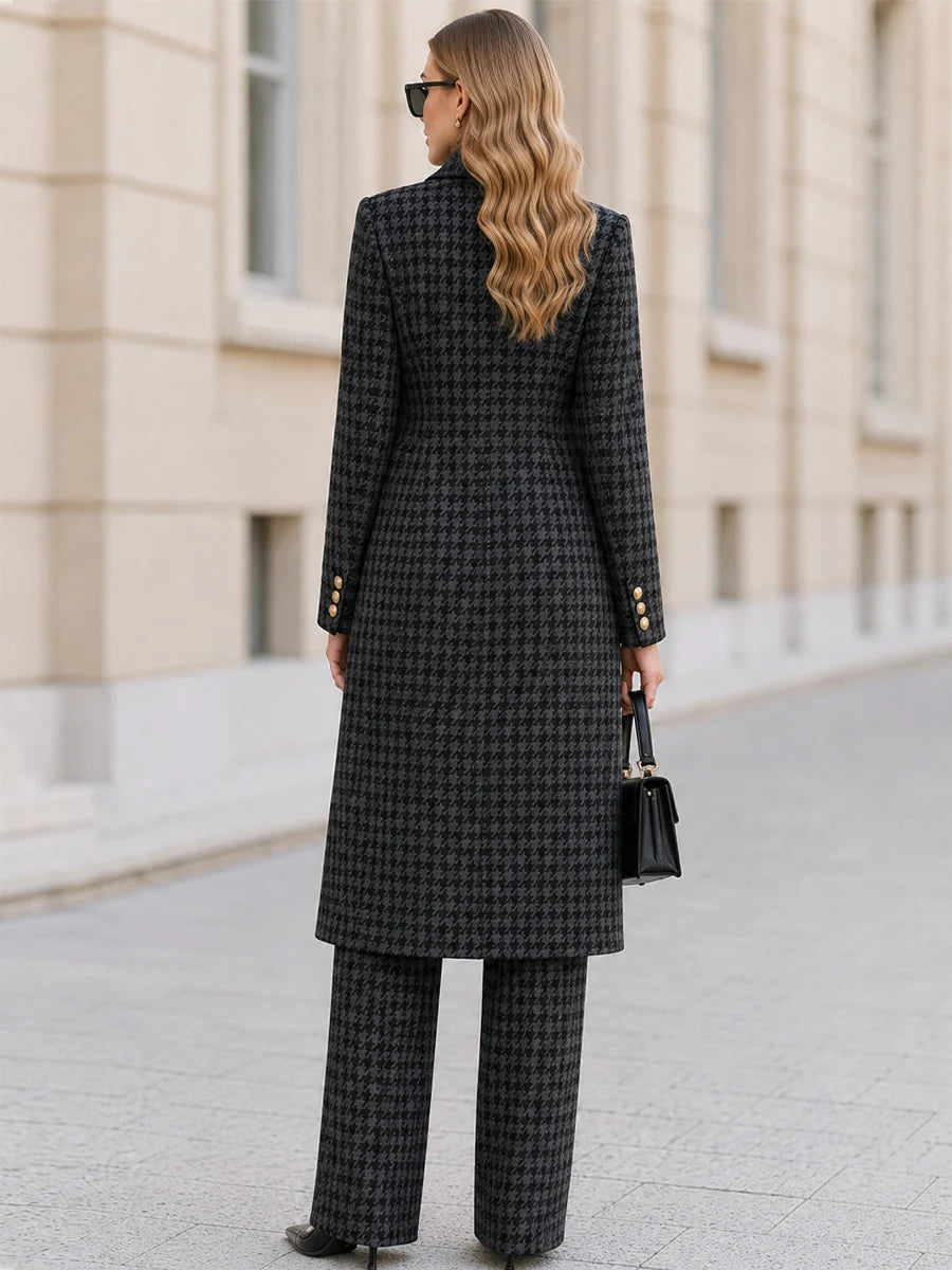 Women's Houndstooth Long Coat and Wide-Leg Trouser Set in Gray – product view | Hensley London