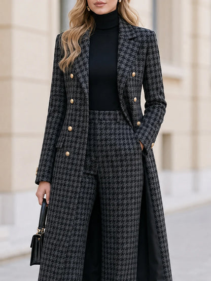 Women's Houndstooth Long Coat and Wide-Leg Trouser Set in Gray – product view | Hensley London