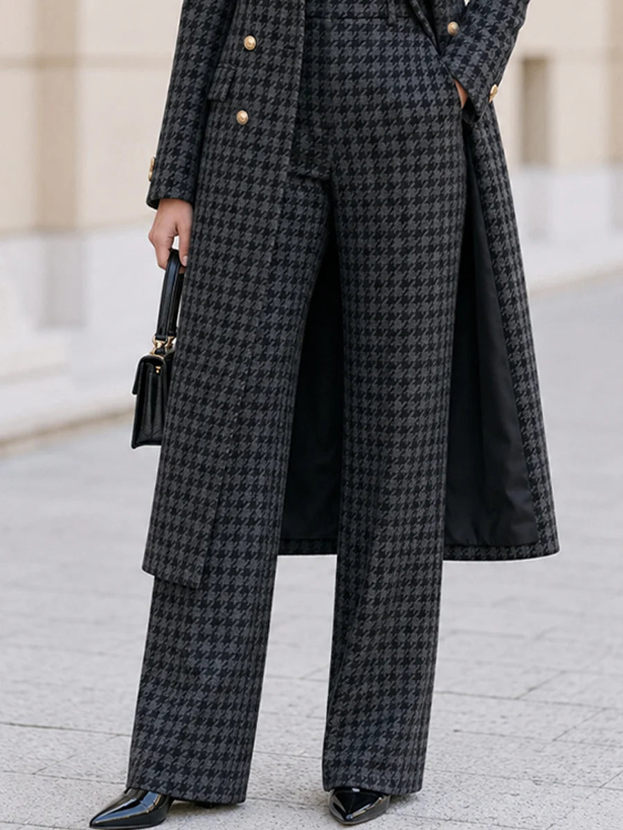 Women's Houndstooth Long Coat and Wide-Leg Trouser Set in Gray – product view | Hensley London