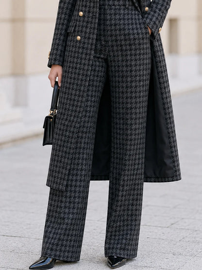 Women's Houndstooth Long Coat and Wide-Leg Trouser Set in Gray – product view | Hensley London