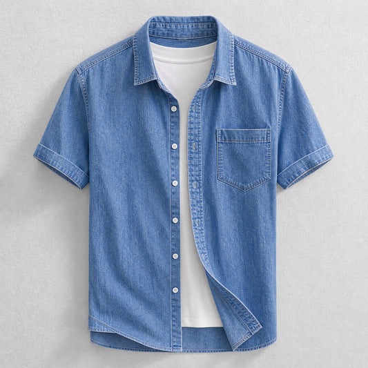 Men's Cotton Chambray Shirt in Blue – front view | Hensley London