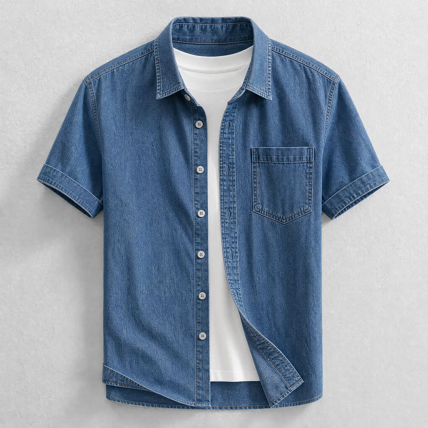 Men's Cotton Chambray Shirt in Navy – front view | Hensley London