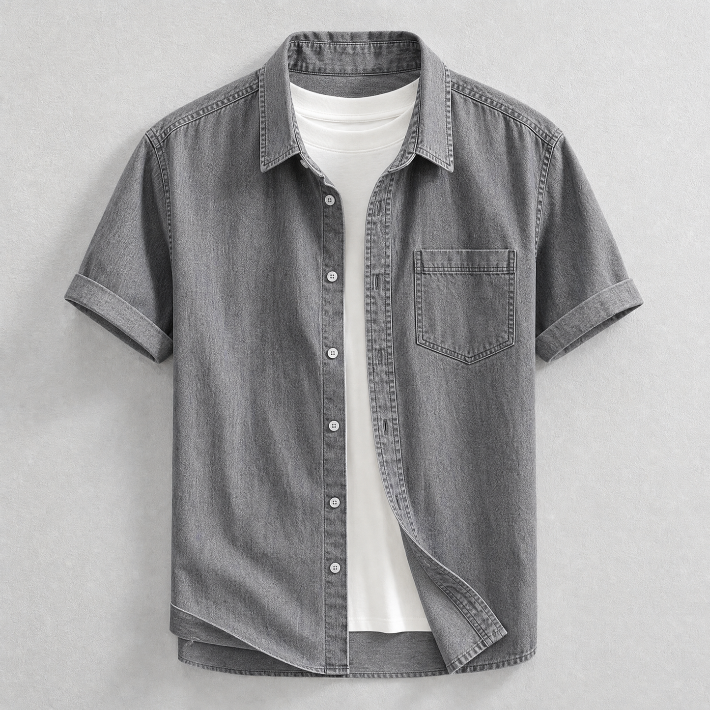 Men's Cotton Chambray Shirt in Gray – front view | Hensley London