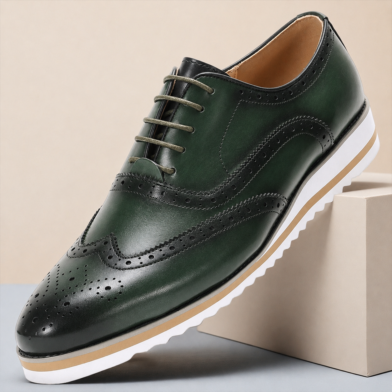 Men's Genuine Leather Wingtip Oxford Shoes in Olive – close-up detail | Hensley London