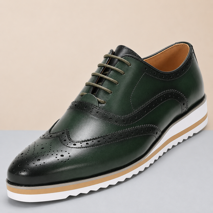 Men's Genuine Leather Wingtip Oxford Shoes in Olive – styled flat-lay | Hensley London