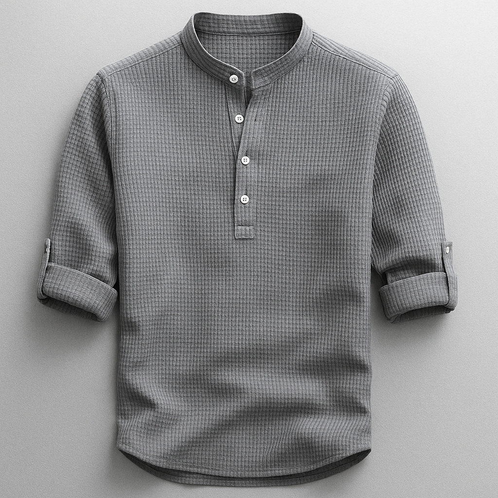 Men's Cotton Henley Shirt in Gray – front view | Hensley London