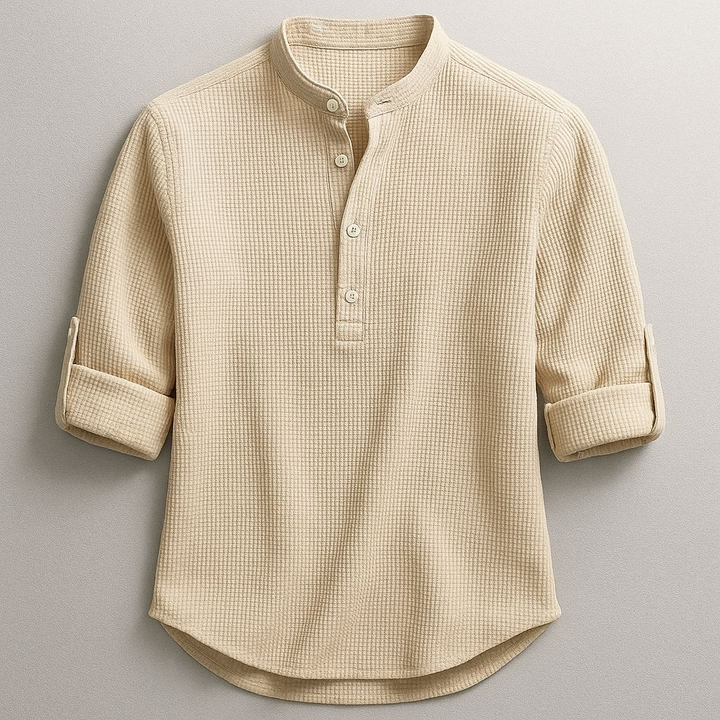Men's Cotton Henley Shirt in Sand – front view | Hensley London