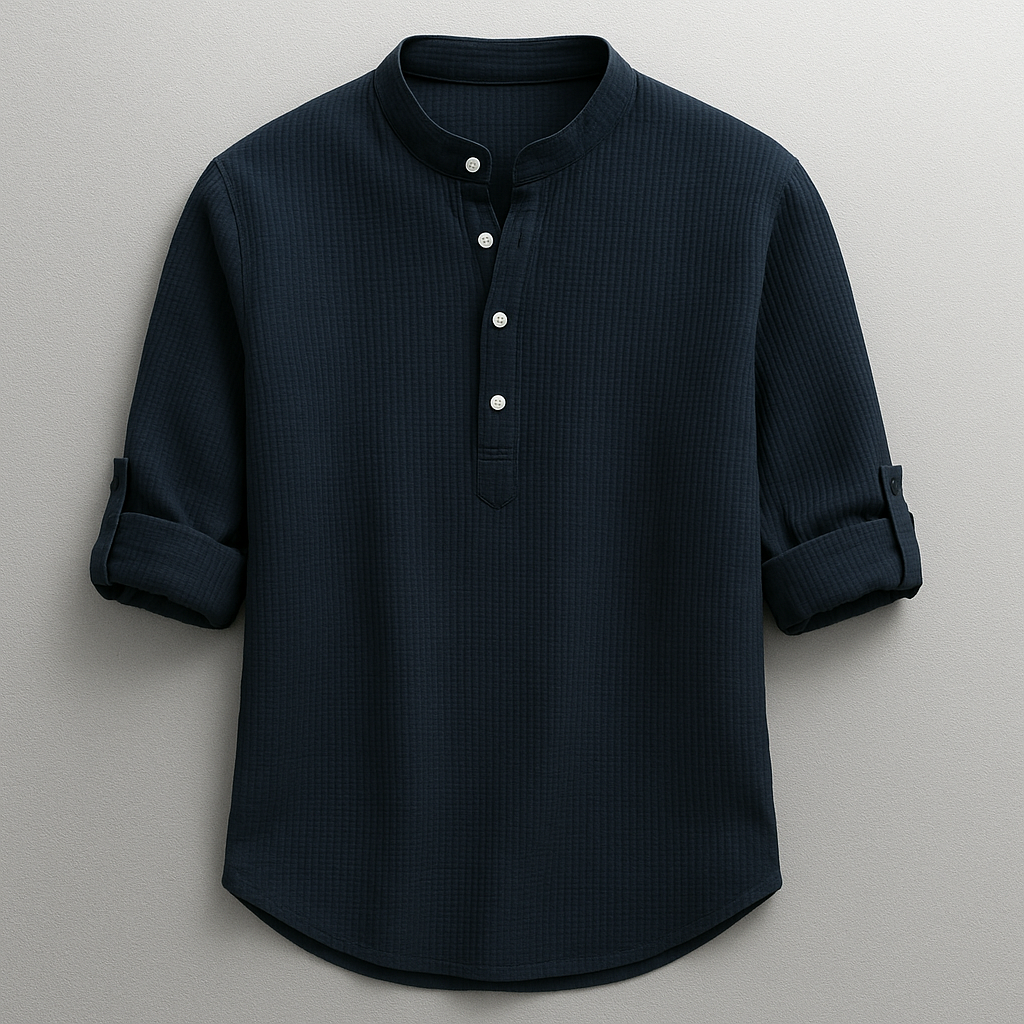 Men's Cotton Henley Shirt in Navy – front view | Hensley London
