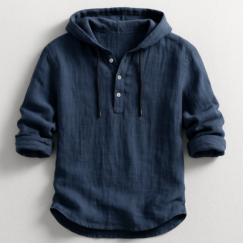 Men's Cotton-Linen Relaxed Drawstring Hoodie Shirt – product view | Hensley London
