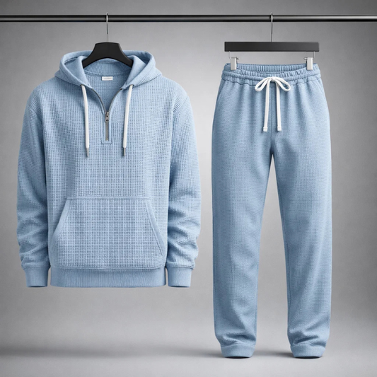 Men's Waffle-Knit Quarter-Zip Lounge Set in Blue – front view | Hensley London