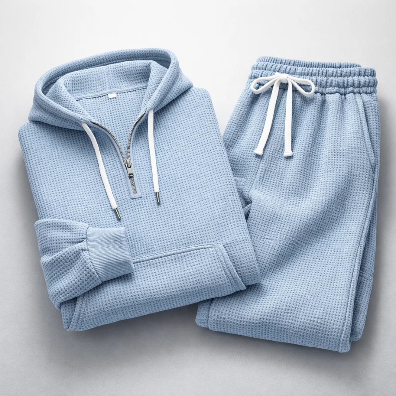 Men's Waffle-Knit Quarter-Zip Lounge Set in Khaki – front view | Hensley London