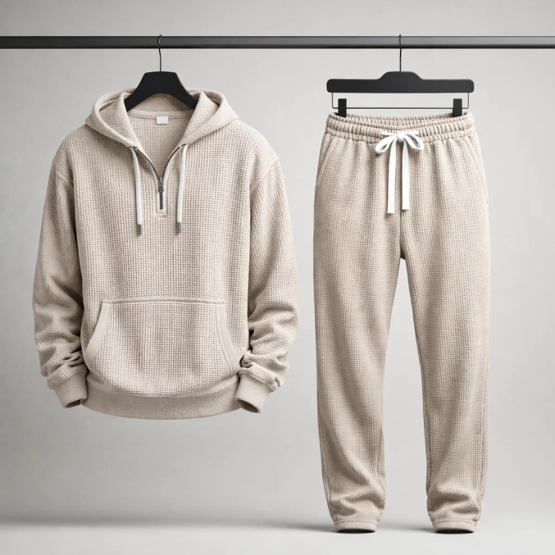 Men's Waffle-Knit Quarter-Zip Lounge Set in Green – front view | Hensley London