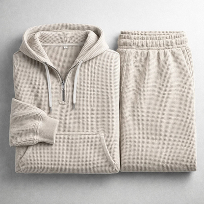 Men's Waffle-Knit Quarter-Zip Lounge Set in Navy – front view | Hensley London