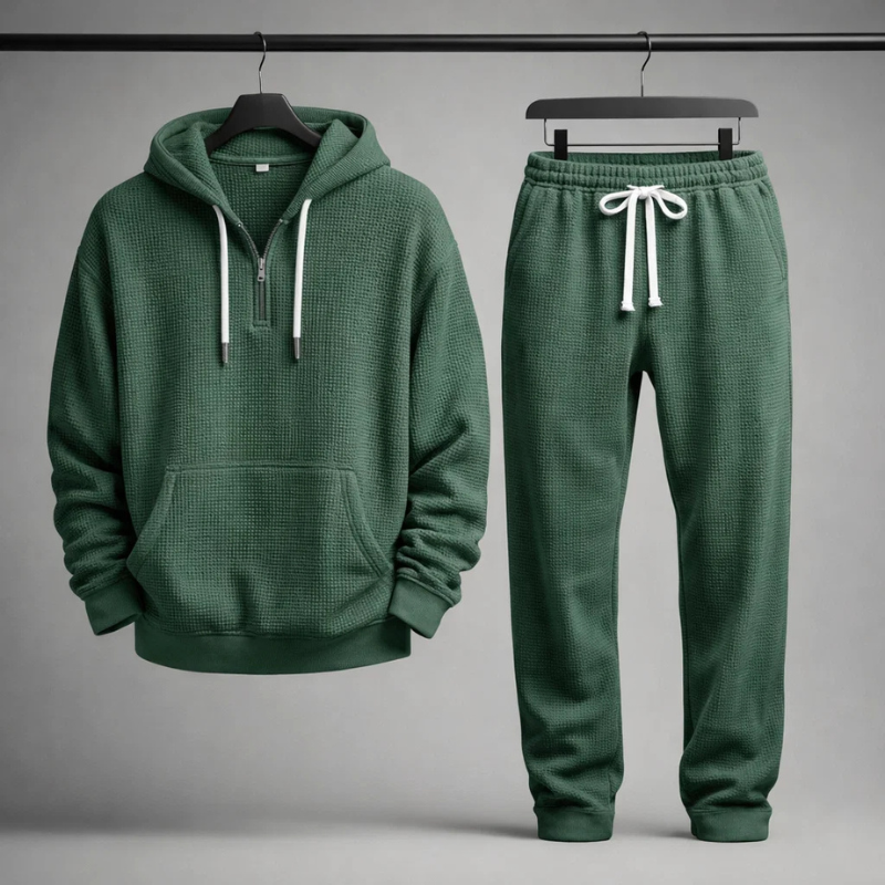 Men's Waffle-Knit Quarter-Zip Lounge Set in Gray – front view | Hensley London