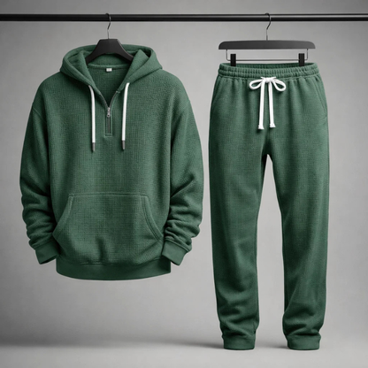Men's Waffle-Knit Quarter-Zip Lounge Set in Gray – front view | Hensley London