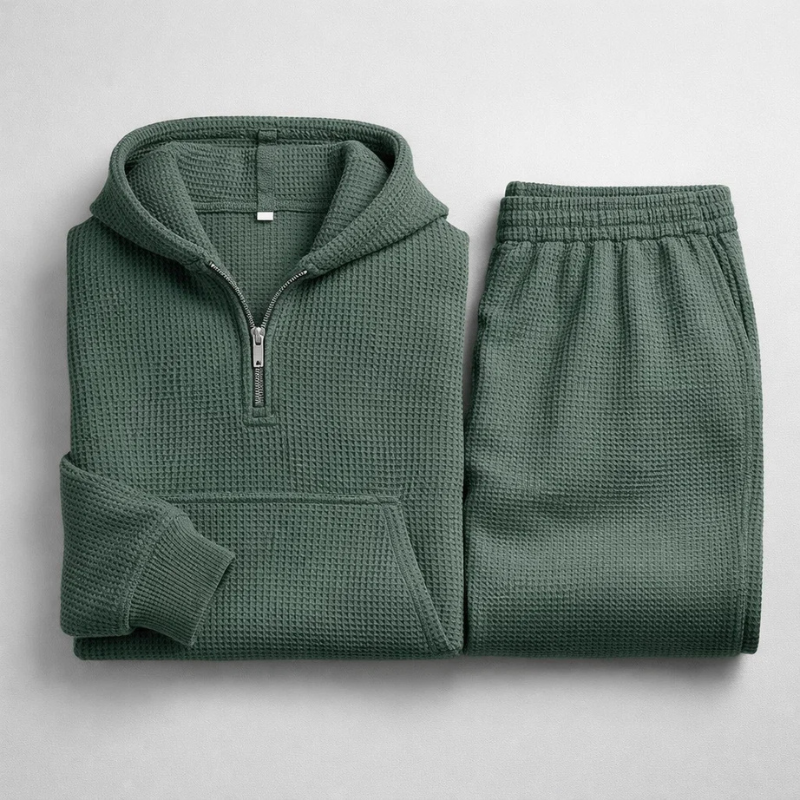 Men's Waffle-Knit Quarter-Zip Lounge Set in Black – front view | Hensley London