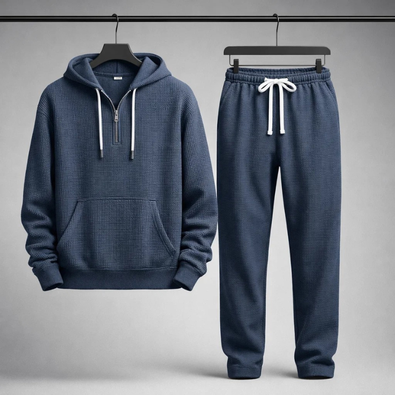 Men's Waffle-Knit Quarter-Zip Lounge Set – hoodie zip detail | Hensley London