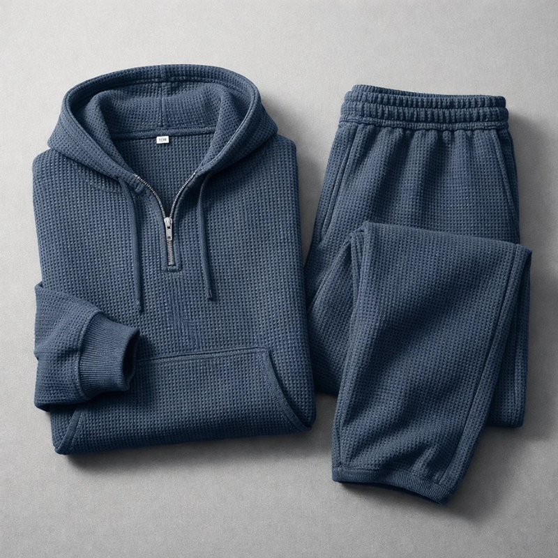 Men's Waffle-Knit Quarter-Zip Lounge Set – waffle fabric close-up | Hensley London