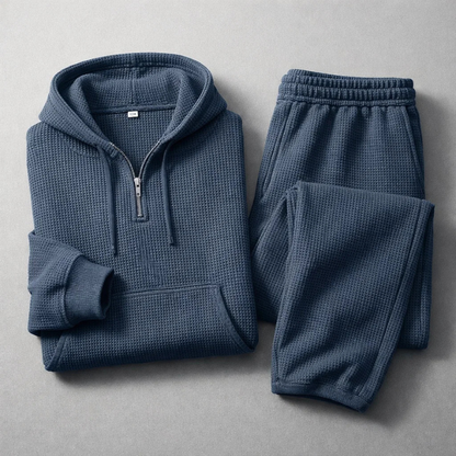 Men's Waffle-Knit Quarter-Zip Lounge Set – waffle fabric close-up | Hensley London
