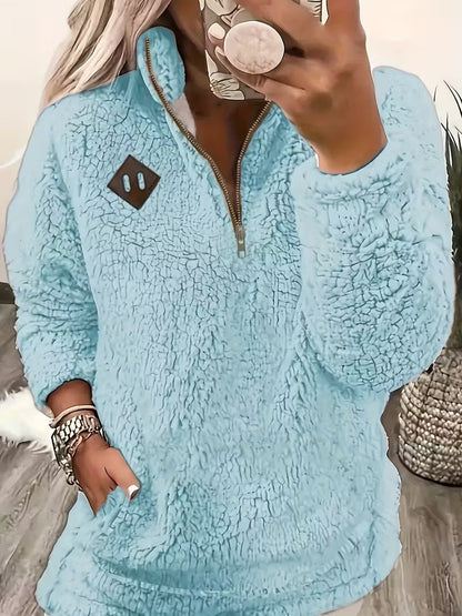 Women's Plush Quarter-Zip Pocket Pullover in Sky Blue - product view | Hensley London
