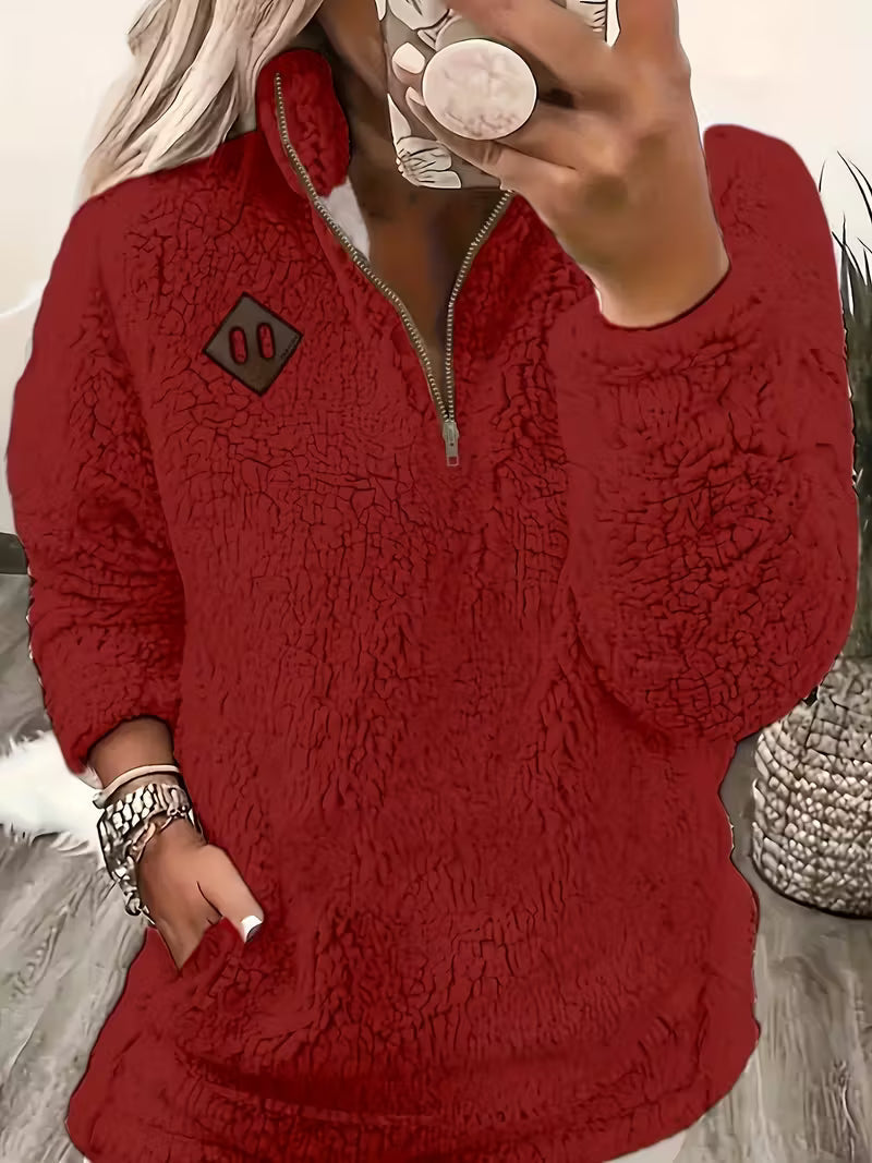 Women's Plush Quarter-Zip Pocket Pullover in Red - product view | Hensley London