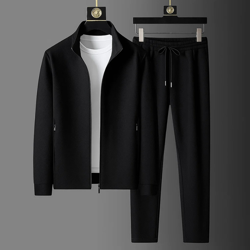 Men's Textured Lycra Tracksuit Set in Deep Black – front view | Hensley London