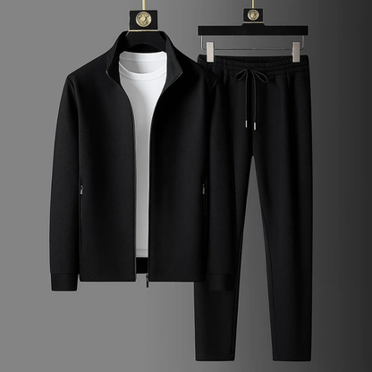 Men's Textured Lycra Tracksuit Set in Deep Black – front view | Hensley London