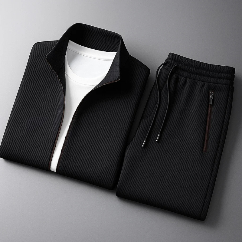 Men's Textured Lycra Tracksuit Set in Deep Black – detail view | Hensley London