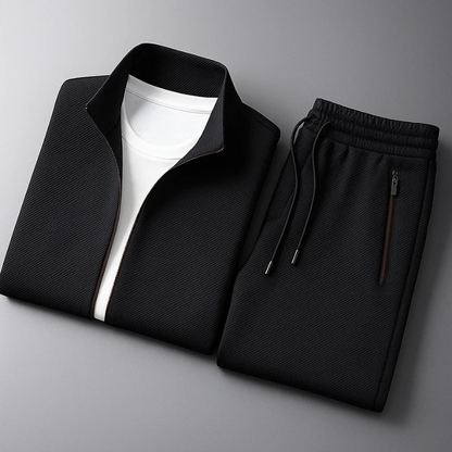 Men's Textured Lycra Tracksuit Set in Deep Black – detail view | Hensley London