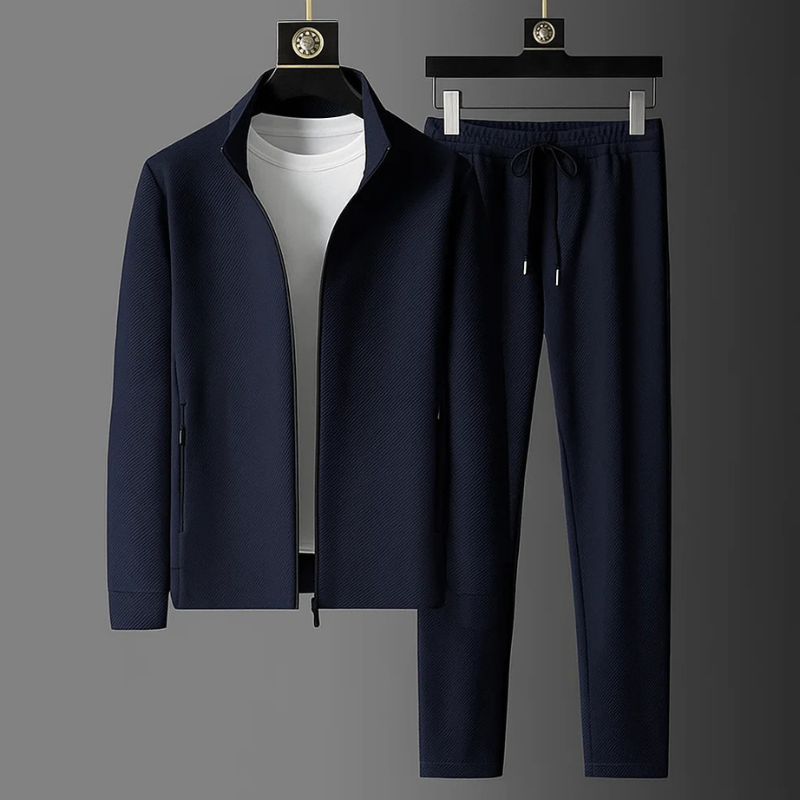 Men's Textured Lycra Tracksuit Set in Royal Navy – front view | Hensley London