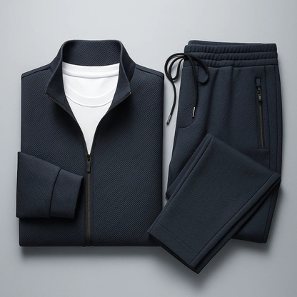 Men's Textured Lycra Tracksuit Set in Royal Navy – detail view | Hensley London