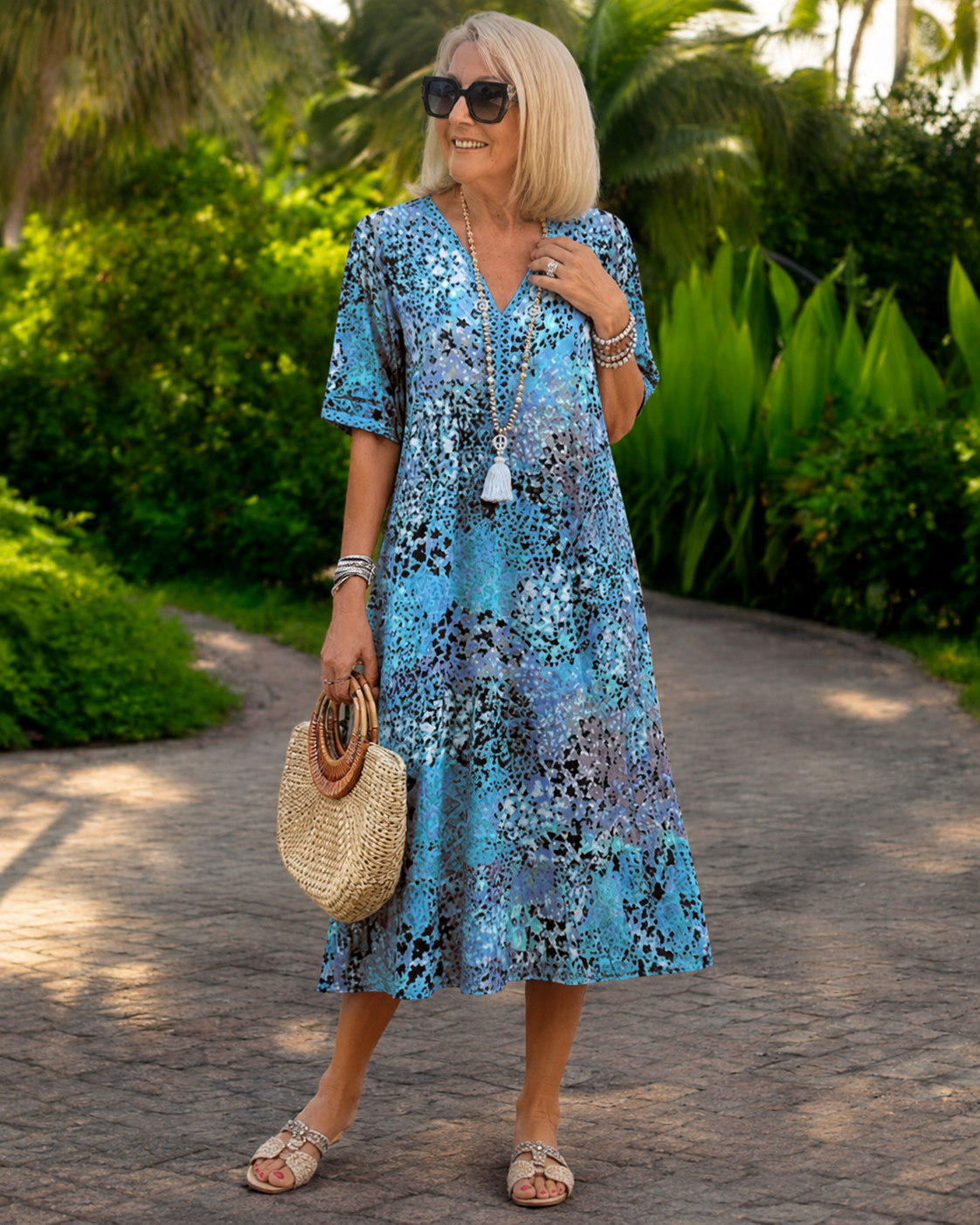 Women's Printed Flowing Midi Dress – front view | Hensley London