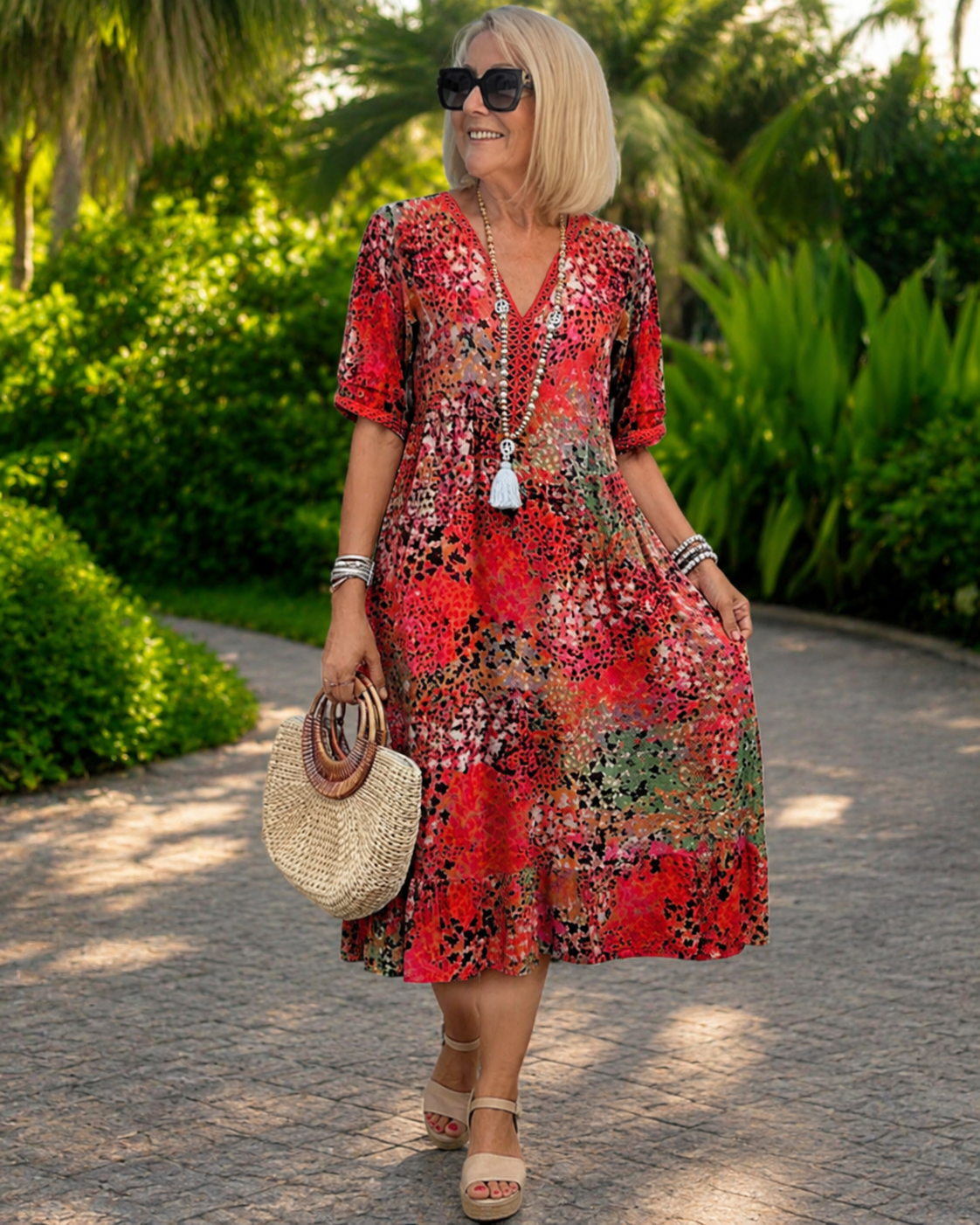 Women's Printed Flowing Midi Dress – product view | Hensley London