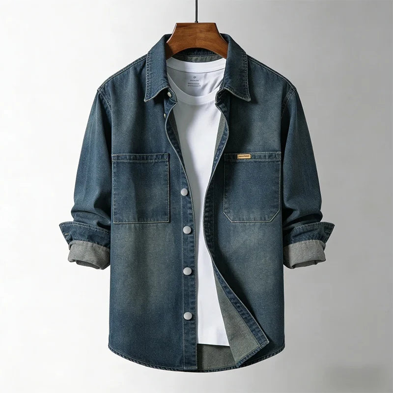 Men's Denim Overshirt Jacket in Navy – front view | Hensley London