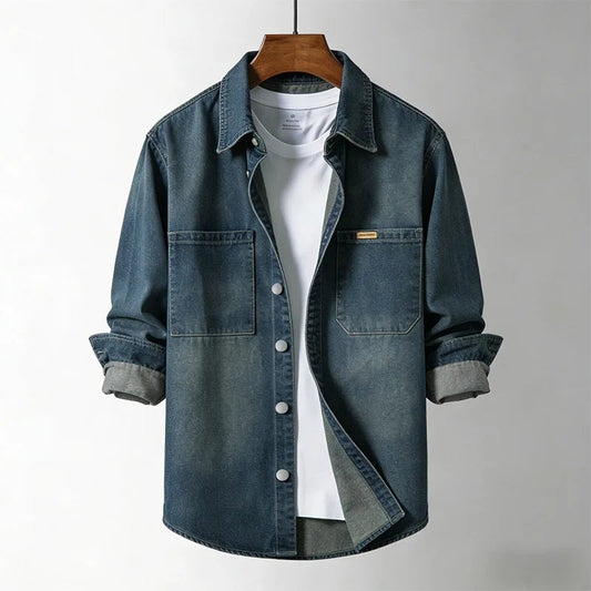 Men's Denim Overshirt Jacket in Navy – front view | Hensley London