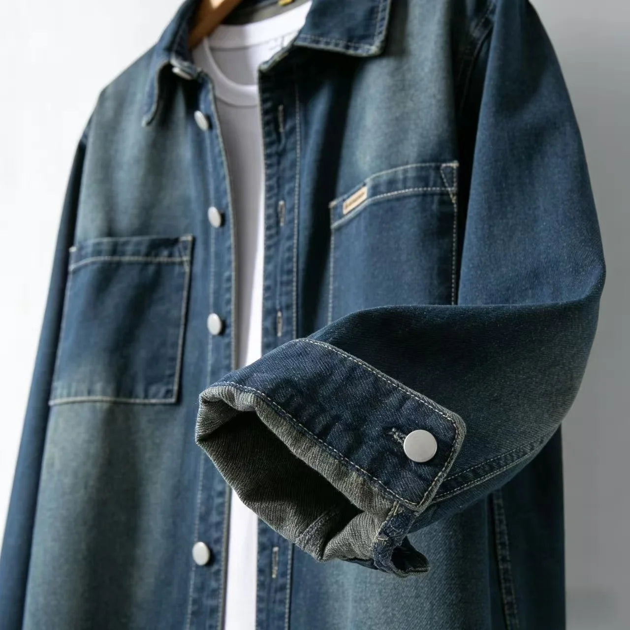 Men's Denim Overshirt Jacket in Navy – detail view | Hensley London