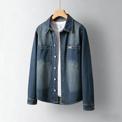Men's Denim Overshirt Jacket in Blue – lifestyle view | Hensley London