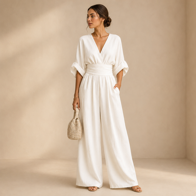 Women's Wrap V-Neck Wide-Leg Jumpsuit – front view | Hensley London
