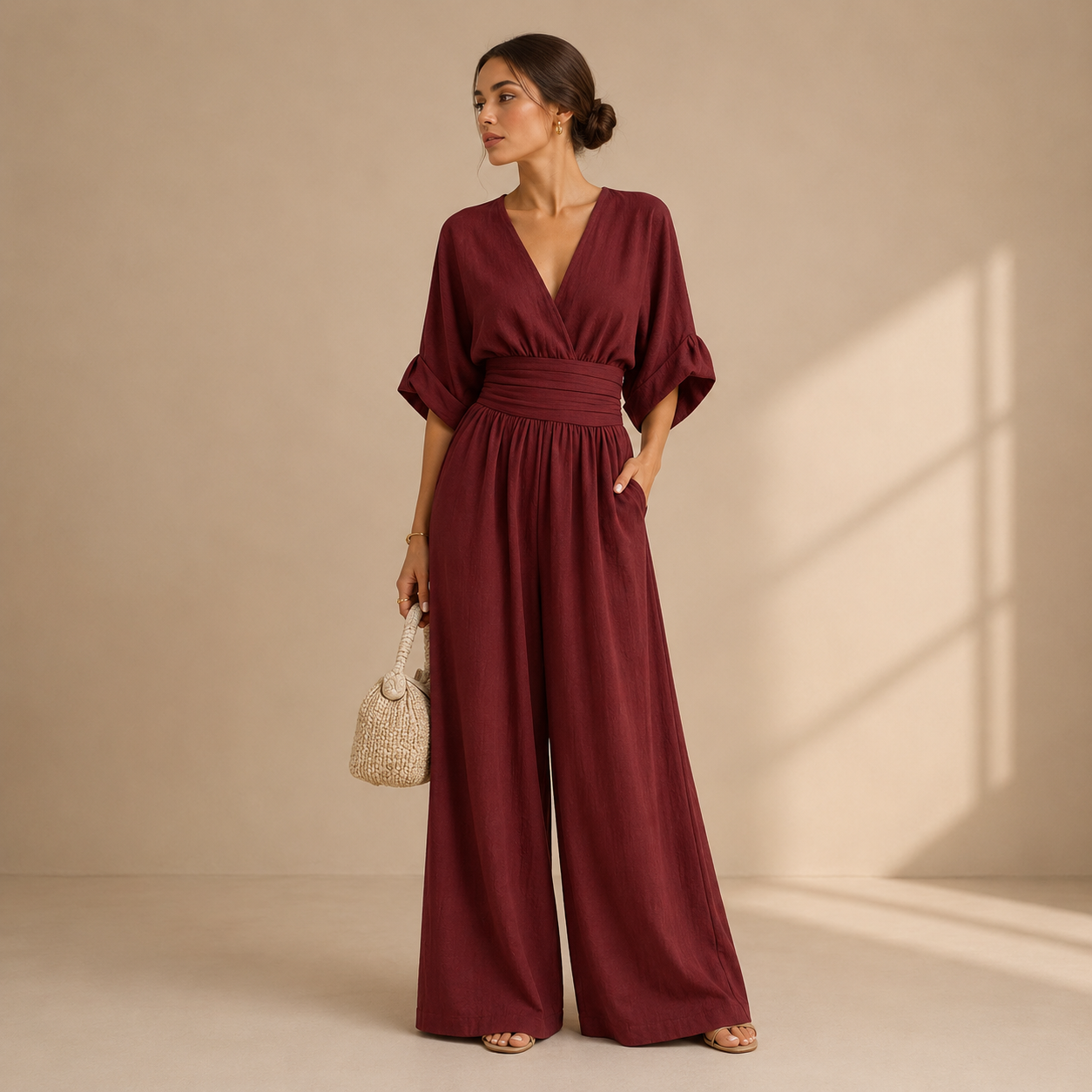 Women's Wrap V-Neck Wide-Leg Jumpsuit – product view | Hensley London