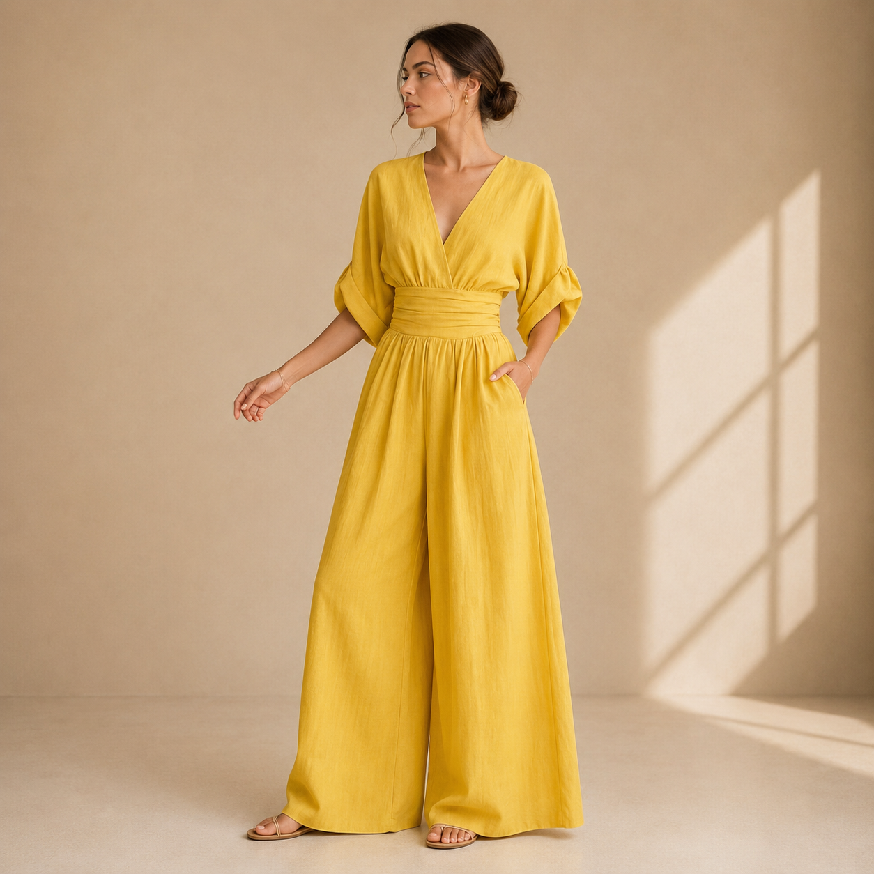 Women's Wrap V-Neck Wide-Leg Jumpsuit – product view | Hensley London
