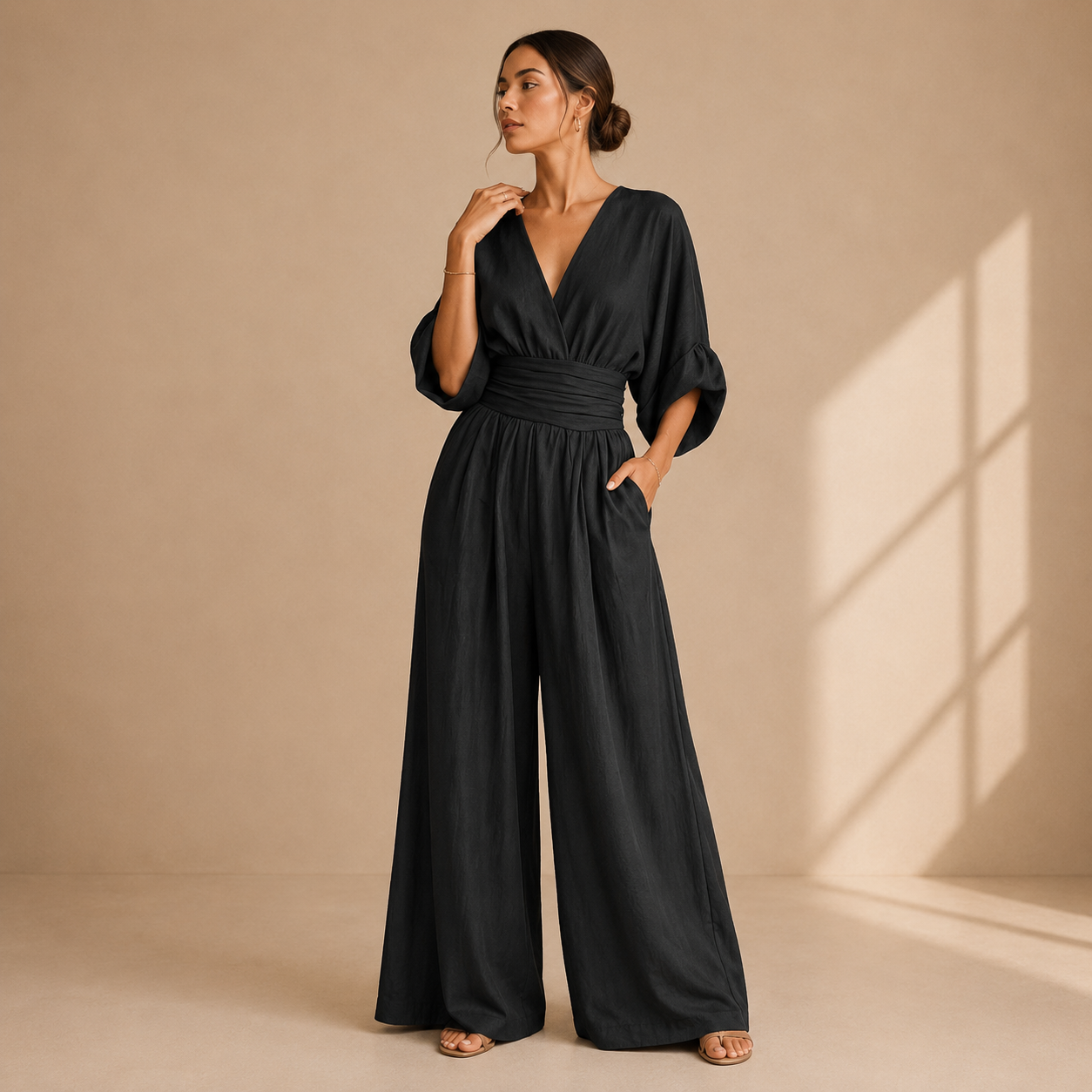 Women's Wrap V-Neck Wide-Leg Jumpsuit – detail view | Hensley London