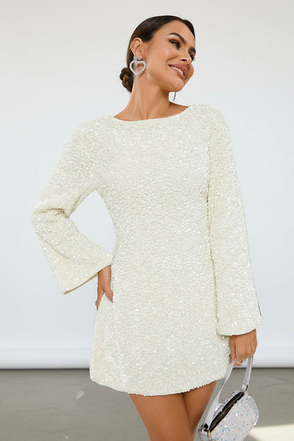 Women's Mini Dress Black Glitter Long Sleeve A-Line - 1