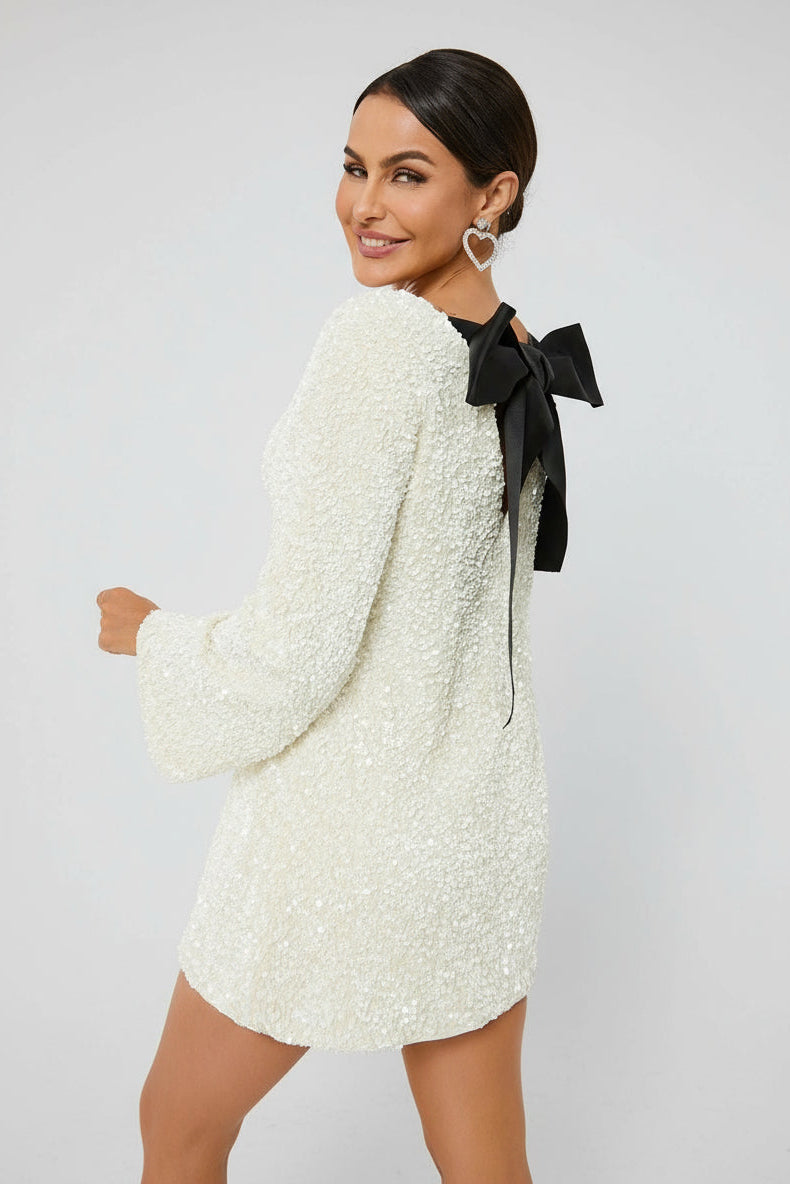 Women's Mini Dress Black Glitter Long Sleeve A-Line - 3