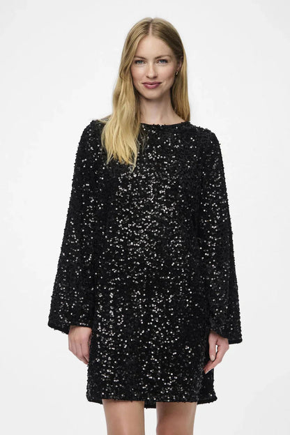Women's Mini Dress Black Glitter Long Sleeve A-Line - 4