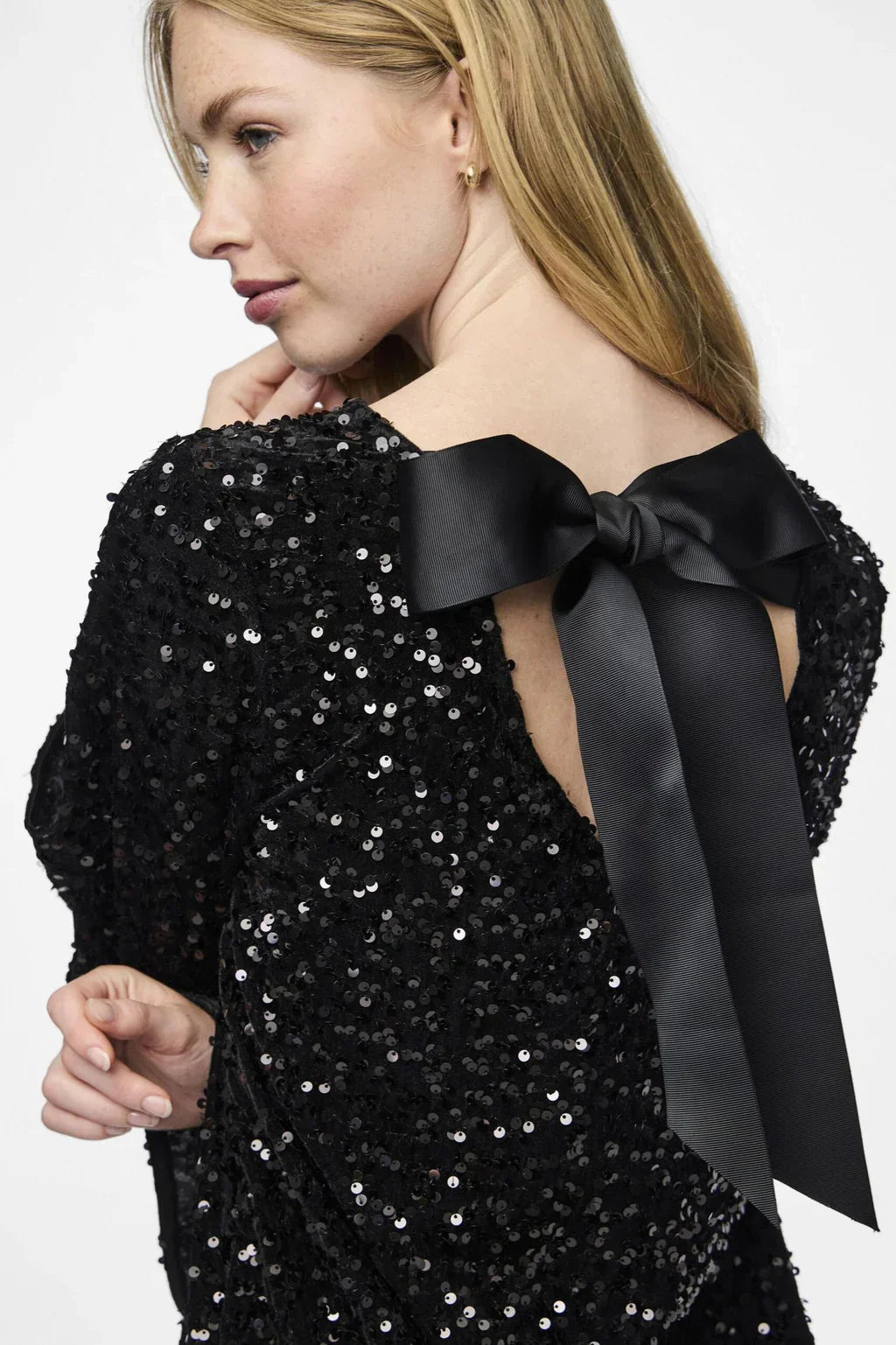 Women's Mini Dress Black Glitter Long Sleeve A-Line - 5