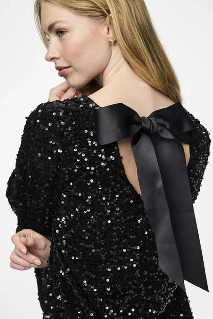 Women's Mini Dress Black Glitter Long Sleeve A-Line - 5