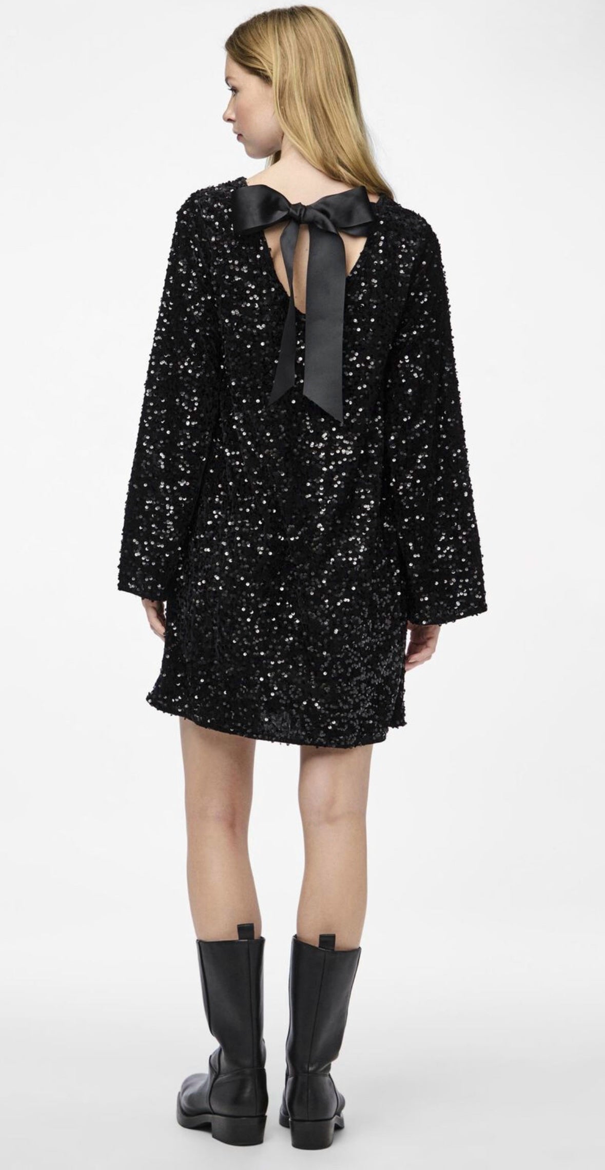 Women's Mini Dress Black Glitter Long Sleeve A-Line - 6