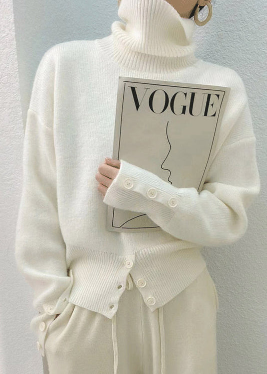 Women's Sweater White Knit High Neck Patchwork - 1