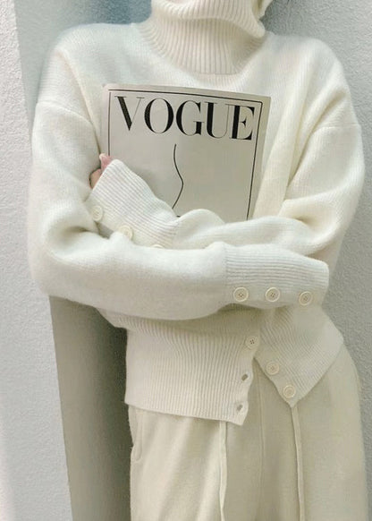 Women's Sweater White Knit High Neck Patchwork - 4